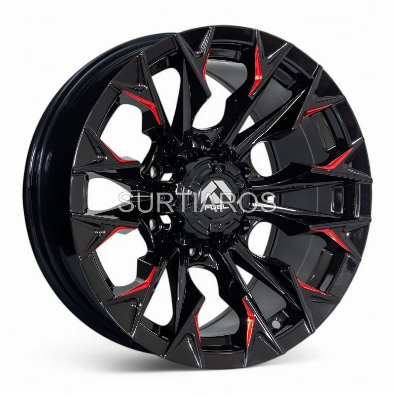 Aro 16x8.5" 6x139.7 ET0 CB110.1 Negro Fresado con Detalle Rojo
